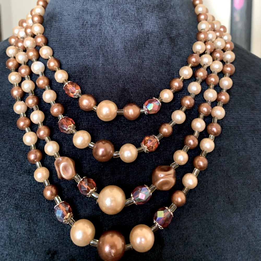 Vintage Japan made beautiful brown beaded 4 strands necklace